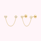 14K Solid Gold Heart & Flower Double Stud Earrings