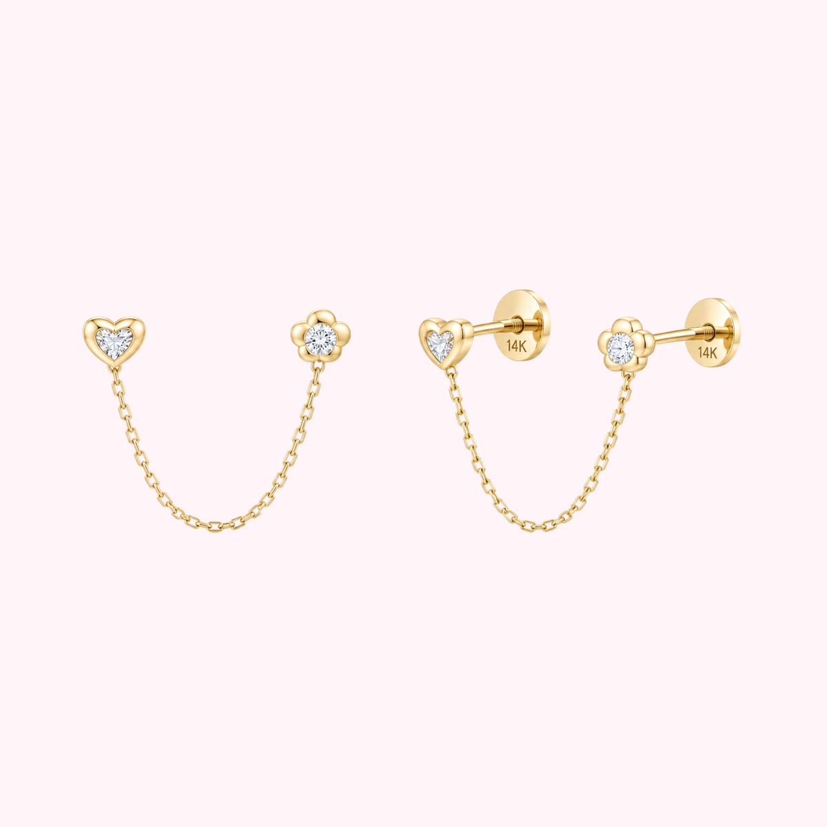 14K Solid Gold Heart & Flower Double Stud Earrings