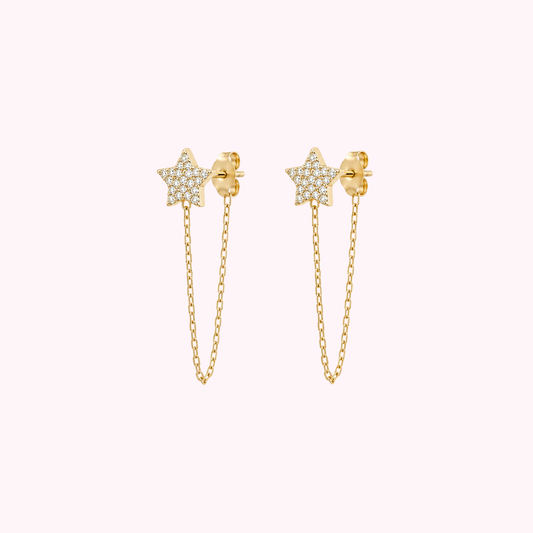 14K Solid Gold Star Chain Earrings