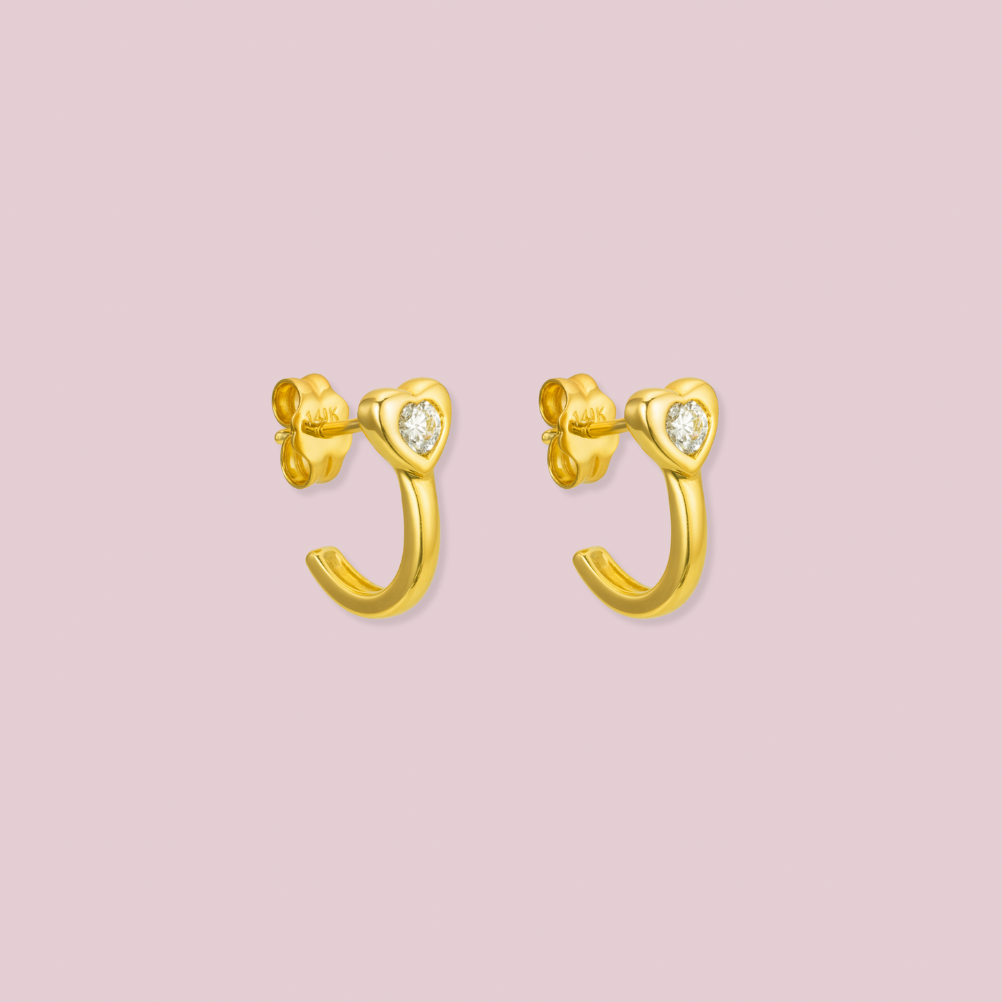 14K Solid Gold Heart Half Hoop Earrings
