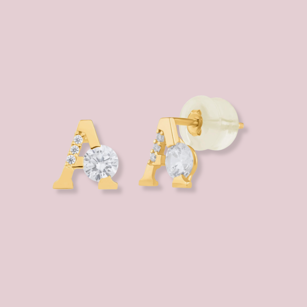 14k Solid Gold Letters CZ earrings