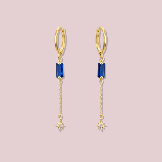 14K Solid Gold Blue Dangle Hoops Earrings.