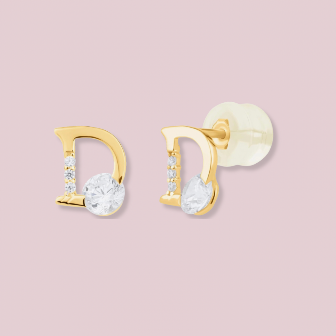 14k Solid Gold Letters CZ earrings