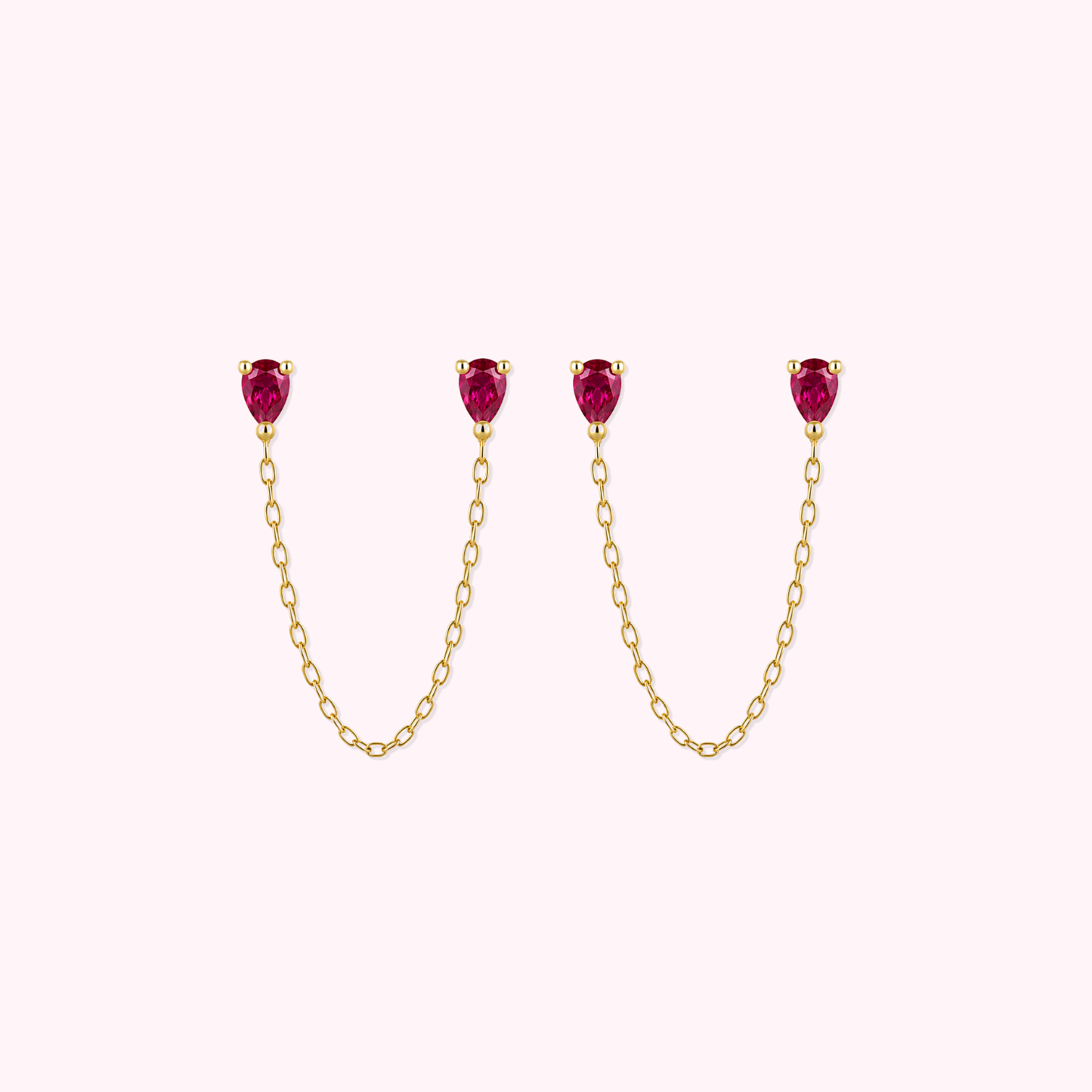 14K Solid Gold Fuchsia Pear Double Chain Earrings