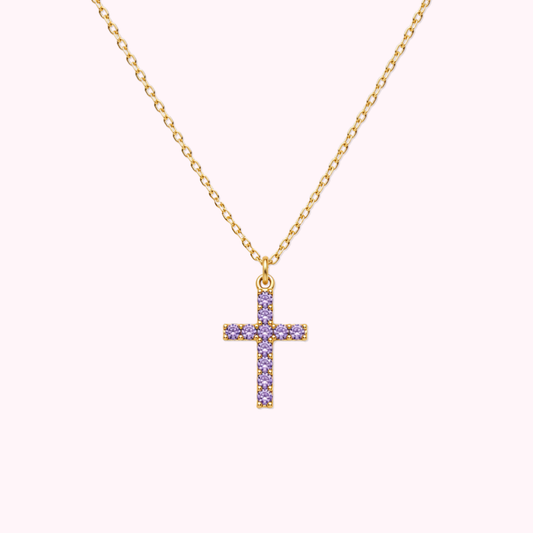 14K Solid Gold CZ Purple Cross