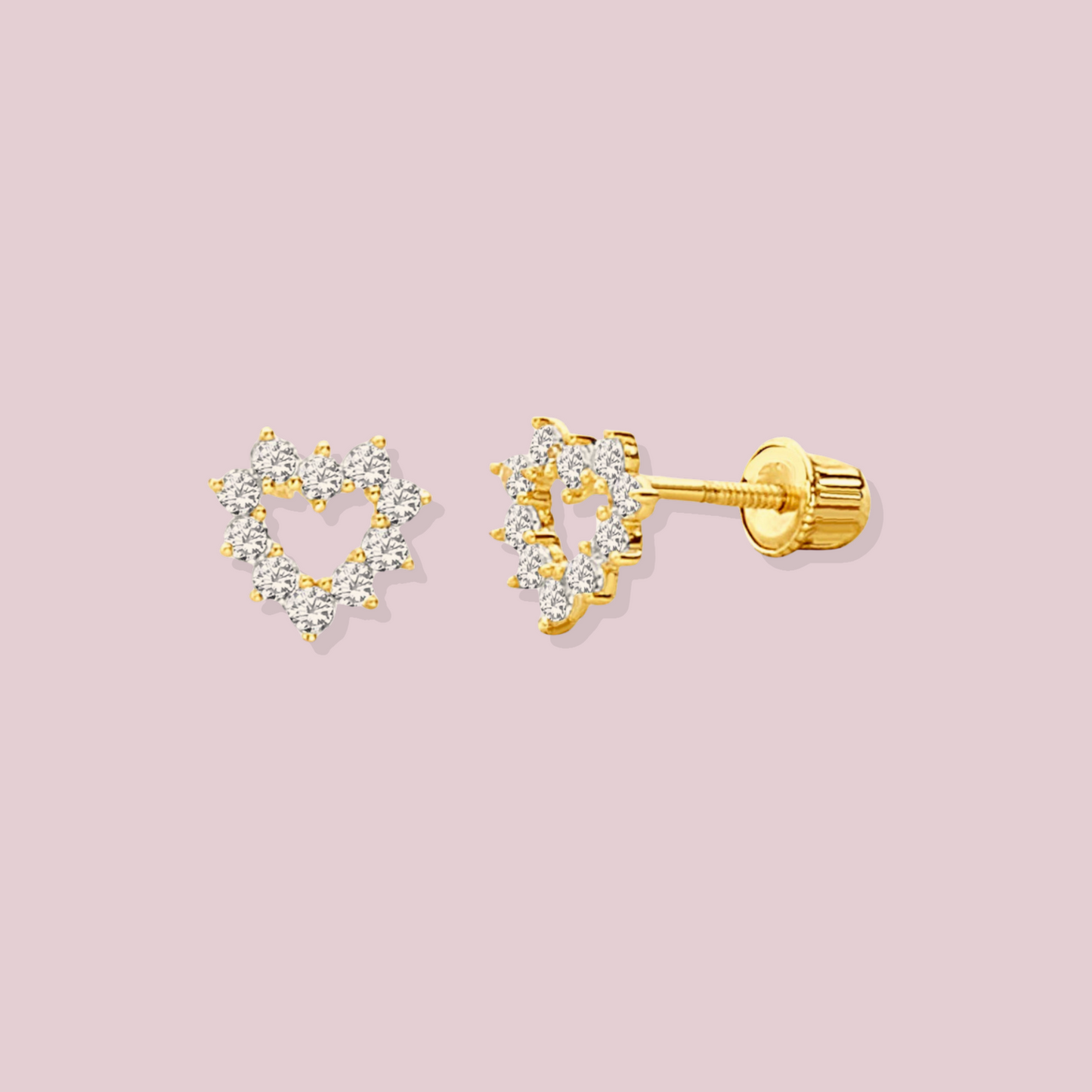 14K Solid Gold CZ Open Heart Post Earrings