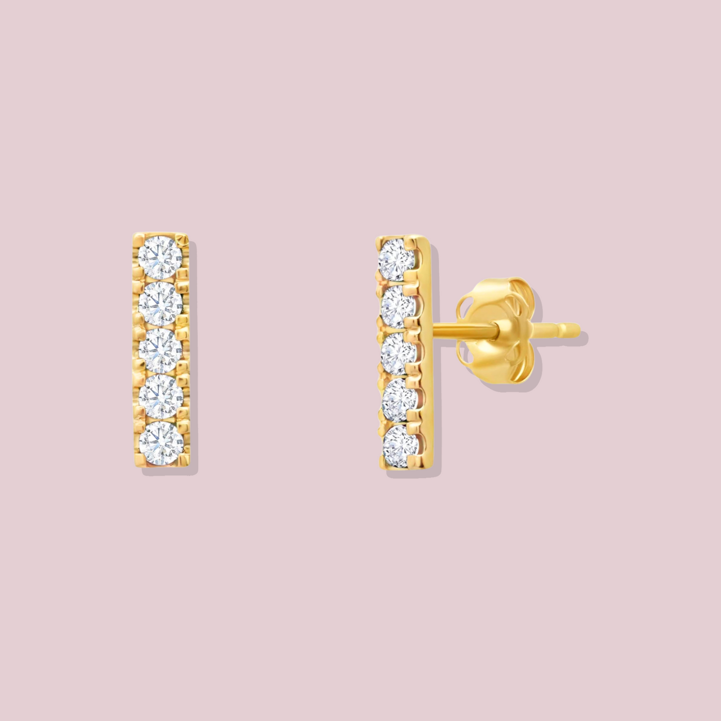 14K Solid Gold White Sapphire Bar Earrings