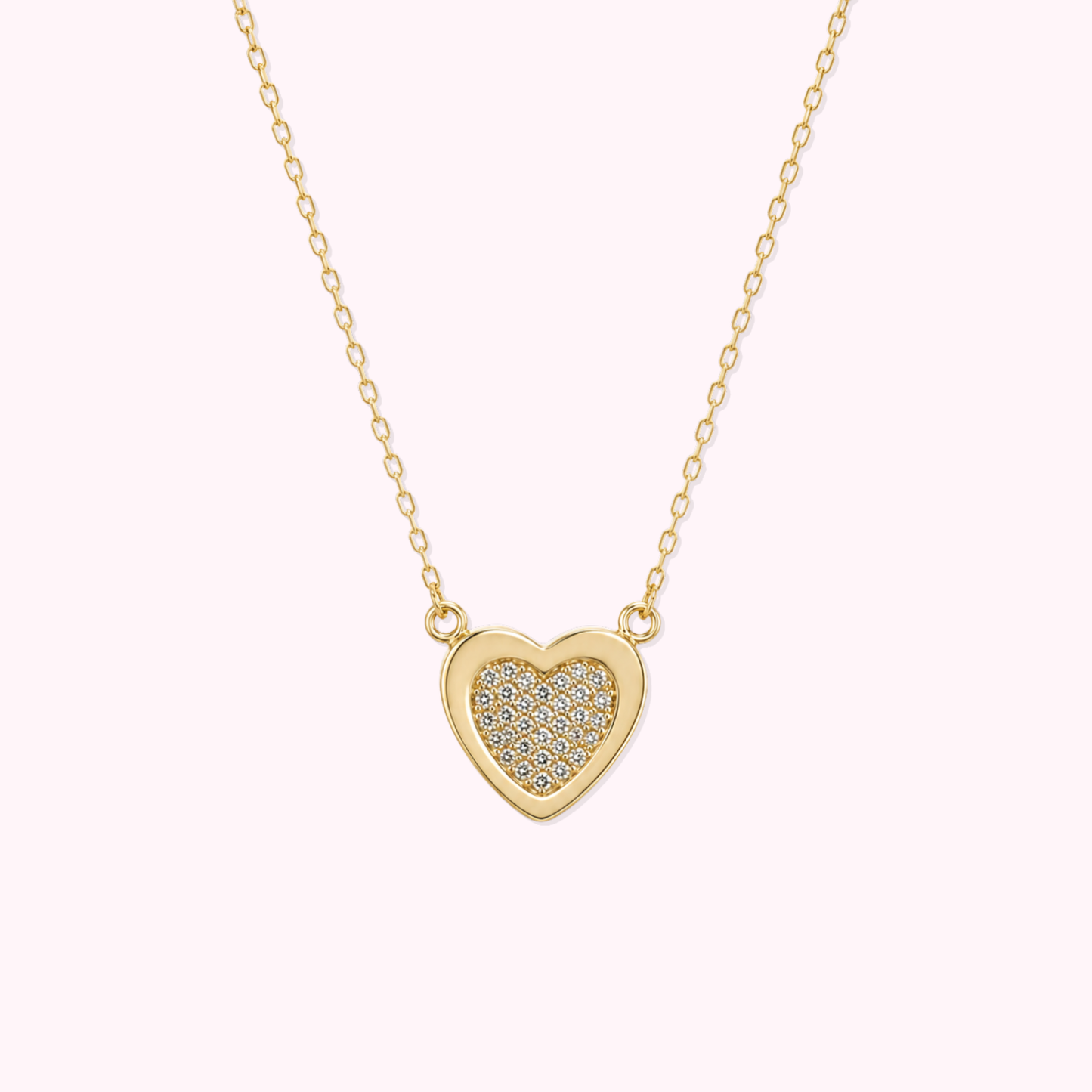 14K Solid Gold CZ Pavé Heart Necklace