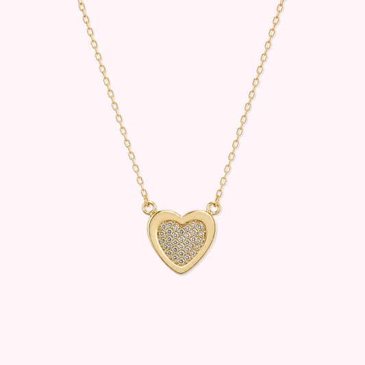 14K Solid Gold CZ Pavé Heart Necklace