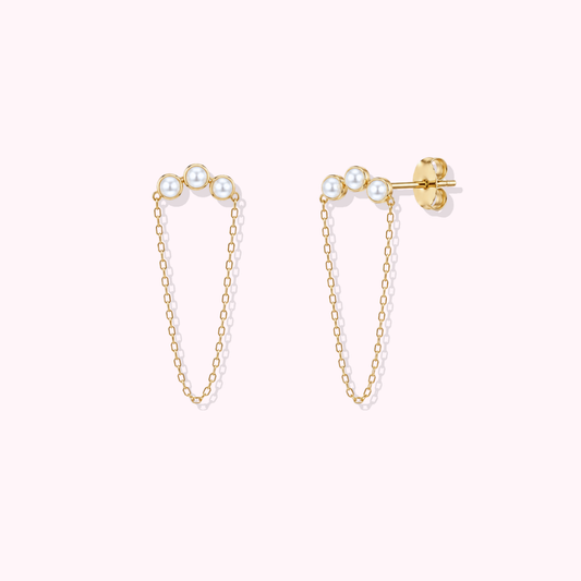 14K Solid Gold Pearl Chain Earrings