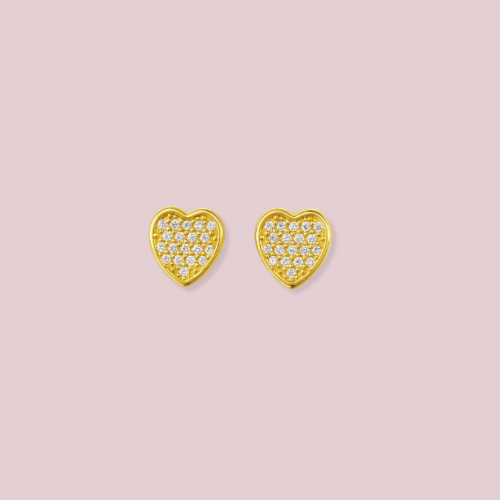 14K Solid Gold CZ Heart Stud Earrings.
