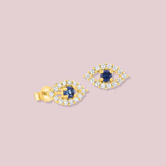 14K Solid Gold CZ Evil Eye Post Earrings