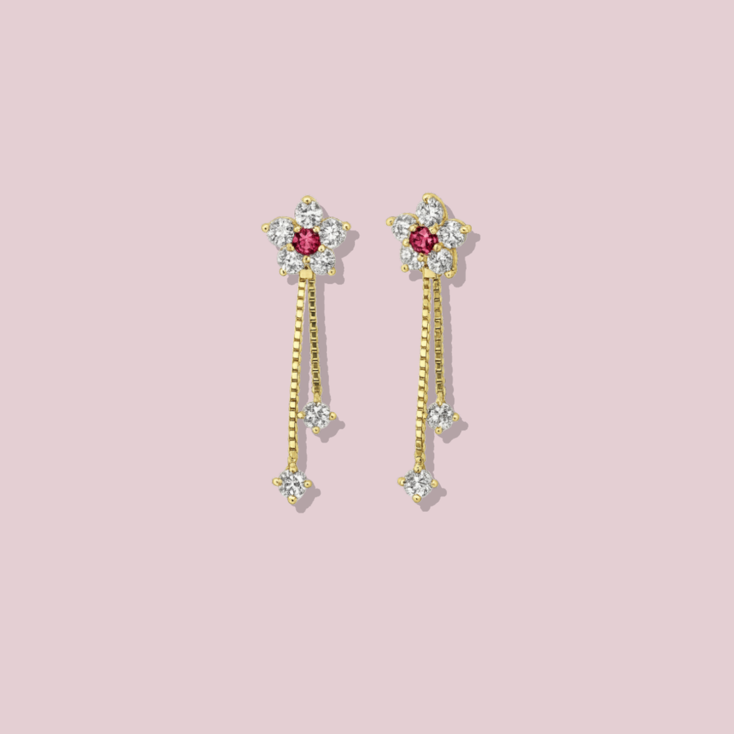 14K Solid Gold Flower Dangle Stud Earrings.