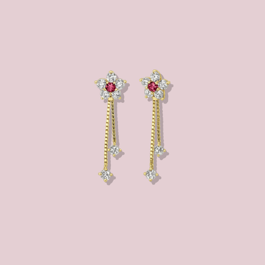 14K Solid Gold Flower Dangle Stud Earrings.