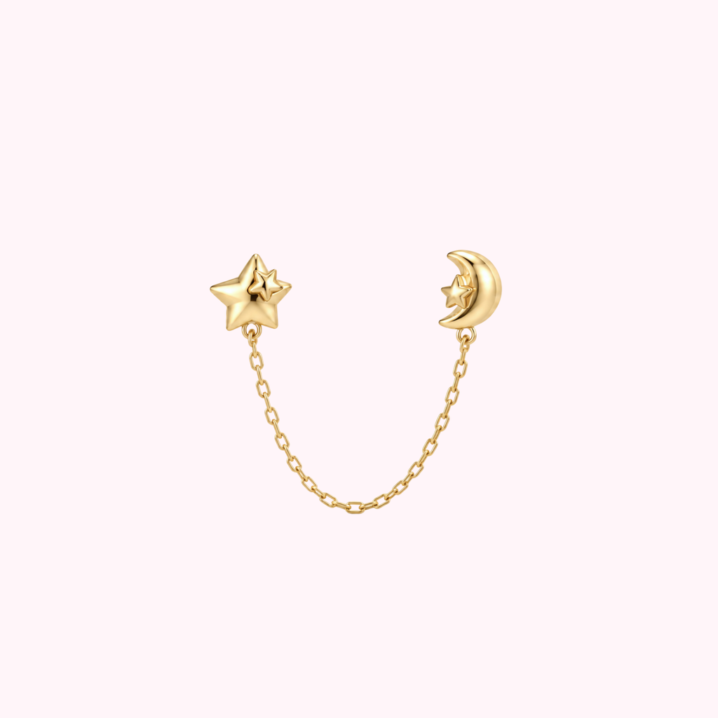 14K Solid Gold Star & Moon Double Stud Earrings