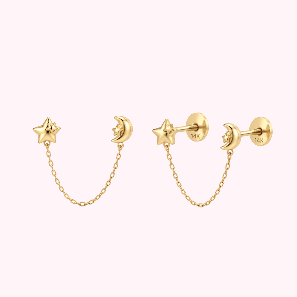14K Solid Gold Star & Moon Double Stud Earrings