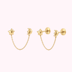 14K Solid Gold Star & Moon Double Stud Earrings