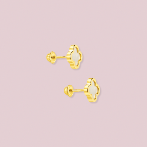 14K Solid Gold Clover Pearl Earrings