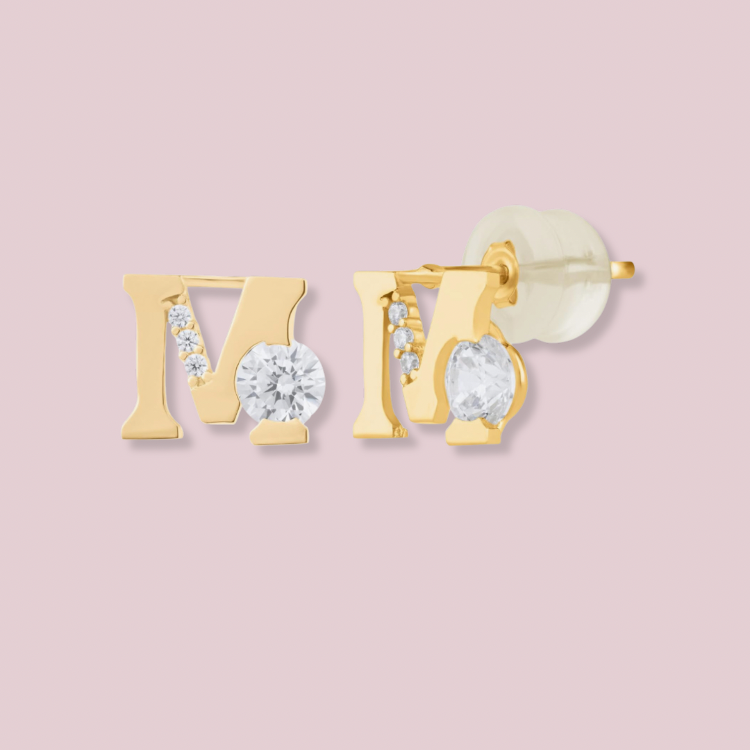 14k Solid Gold Letters CZ earrings