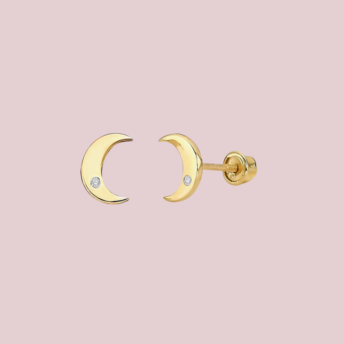 14K Solid Gold CZ Moon Stud Earrings.