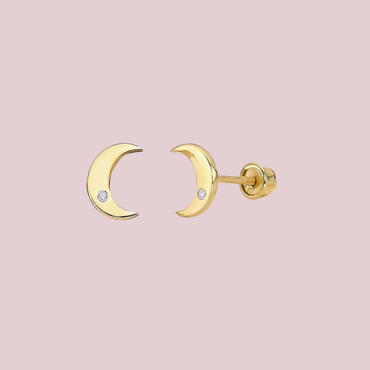 14K Solid Gold CZ Moon Stud Earrings.