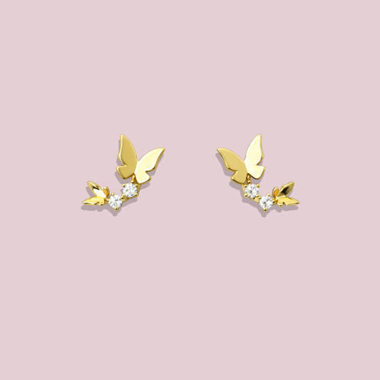 14K Solid Gold CZ Butterfly Earrings
