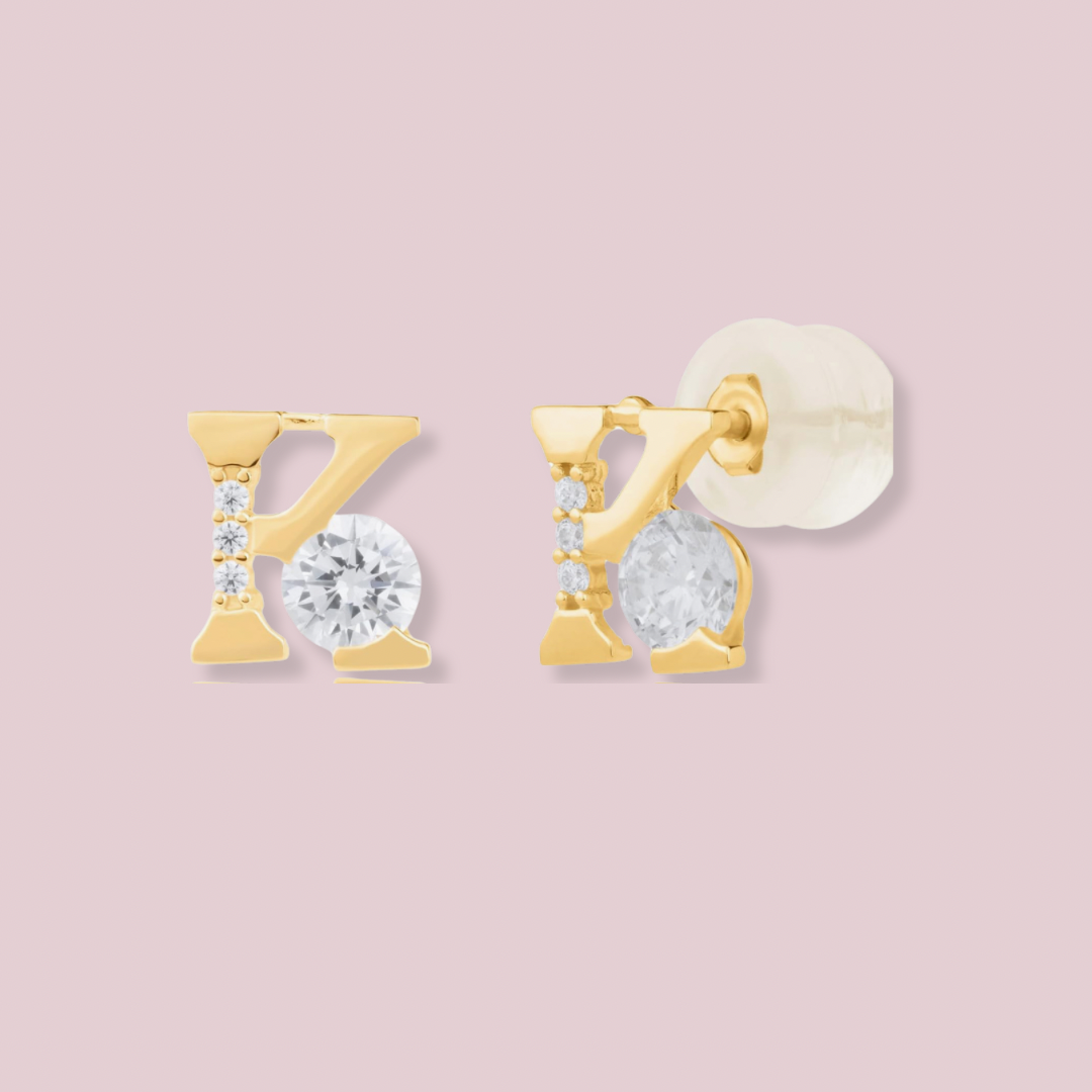 14k Solid Gold Letters CZ earrings