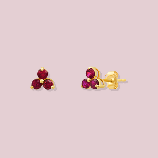 14k Solid Gold Ruby Trio Post Earrings