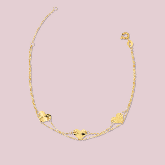 14K Solid Gold Trio Heart Double Bracelet