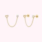 14K Solid Gold CZ Heart Double Stud Earrings