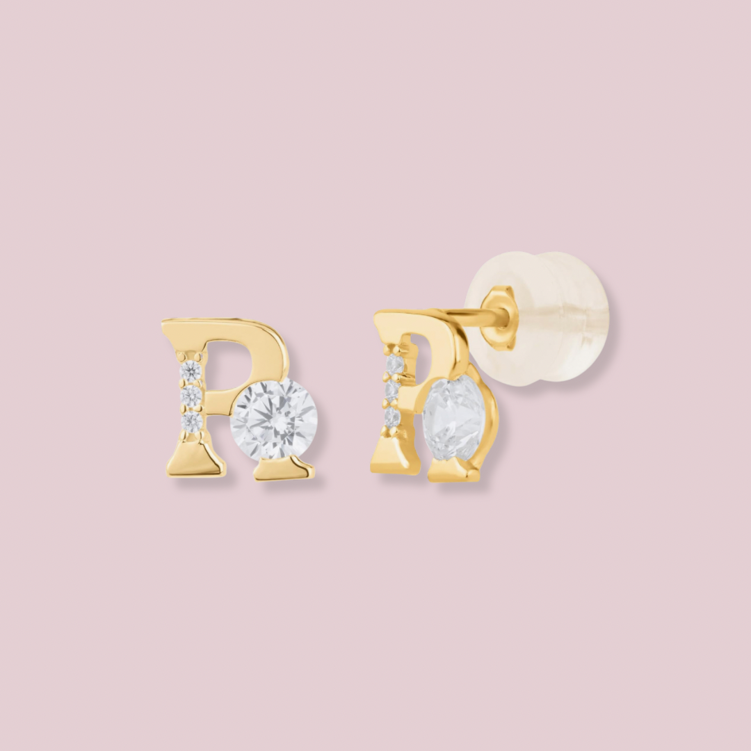 14k Solid Gold Letters CZ earrings