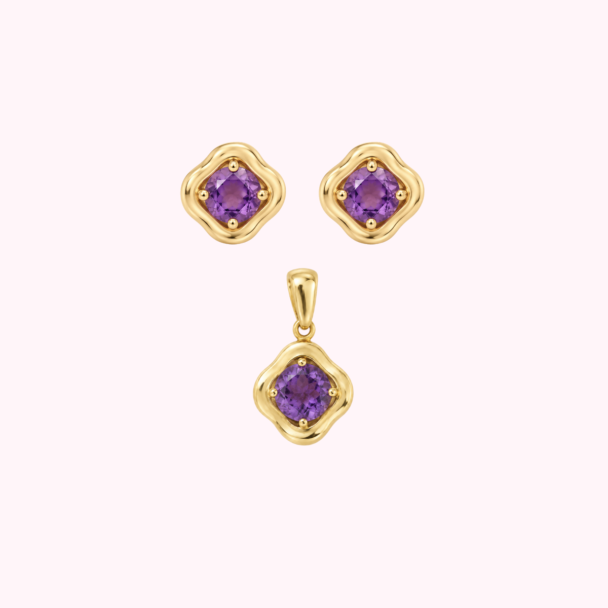 14K Solid Gold Natural Amethyst Stone Set
