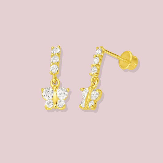 14K Solid Gold Butterfly Dangle Stud Earrings.