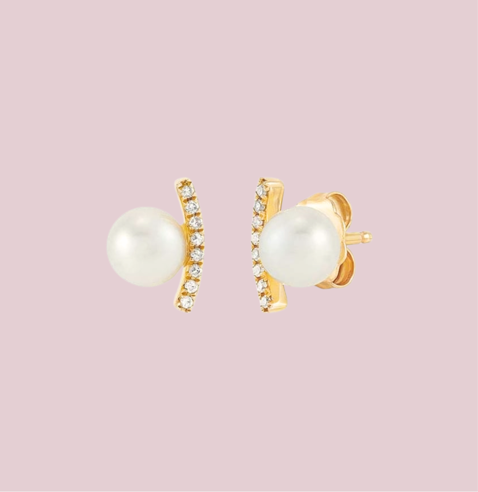 14K Yellow Gold Pearl & Diamond Post Earrings