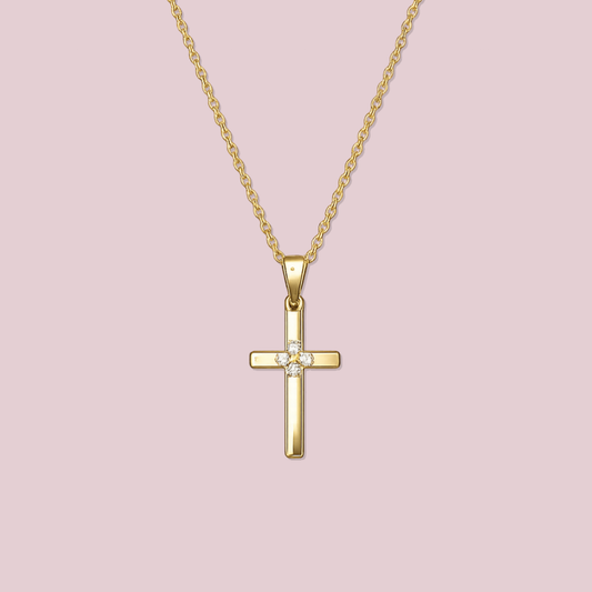 14K Solid Gold CZ Cross Necklace.