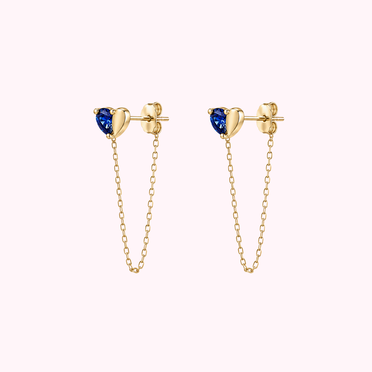 14K Solid Gold CZ Blue Heart Chain Earrings
