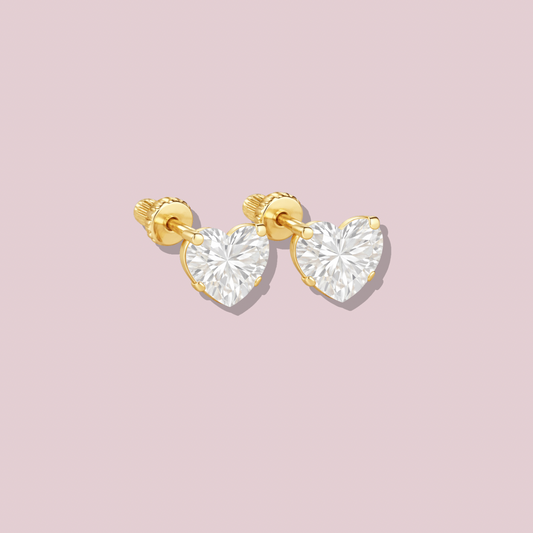 14K Solid Gold CZ Heart Earrings