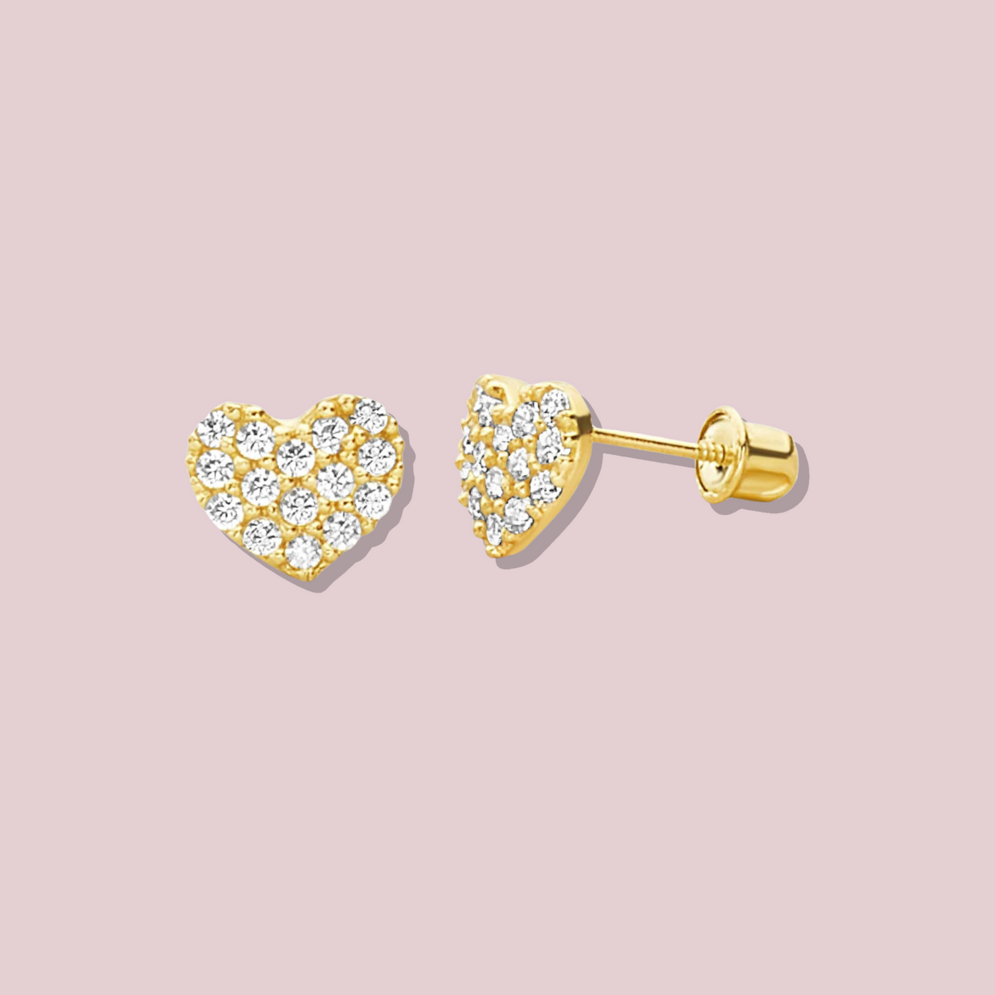 14K Solid Gold CZ Heart Post Earrings