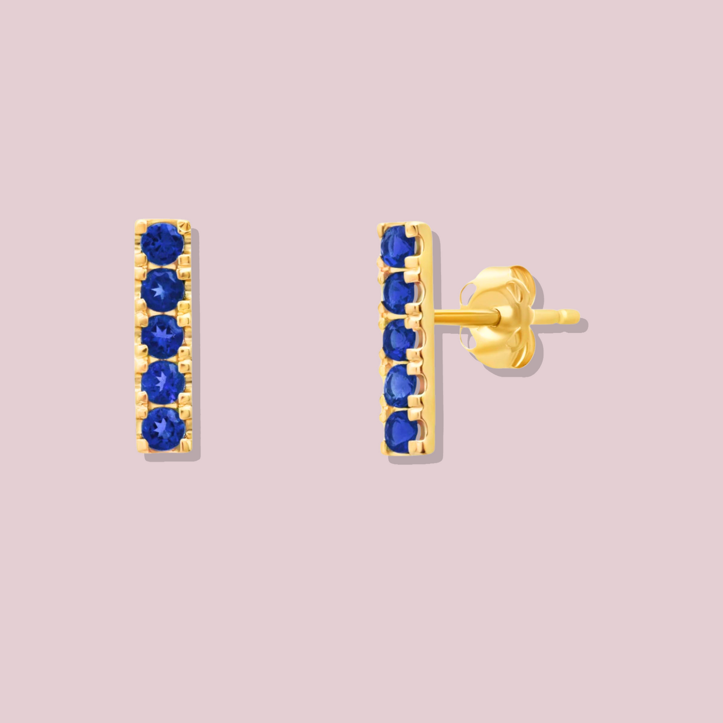 14K Solid Gold Blue Sapphire Bar Earrings