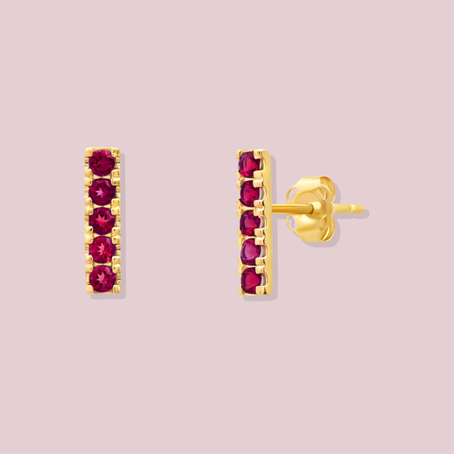 14K Solid Gold Rubby Bar Earrings