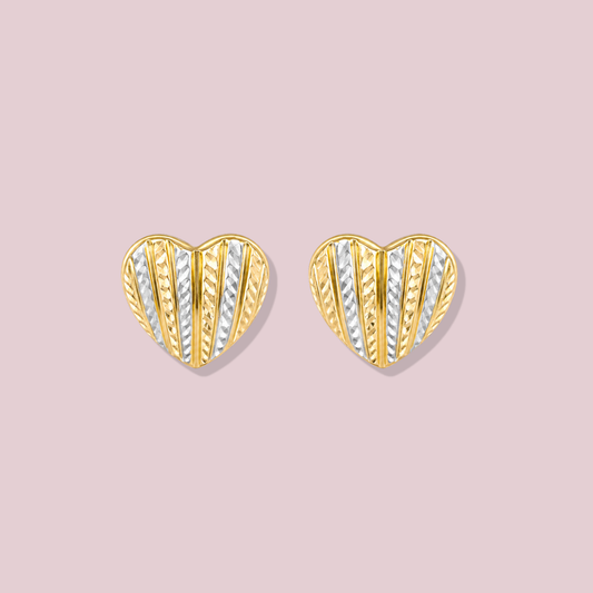 14K Solid Gold Heart two tone Omega Earrings