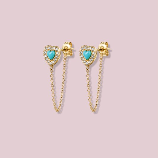 14K Solid Gold Heart Chain Earrings.