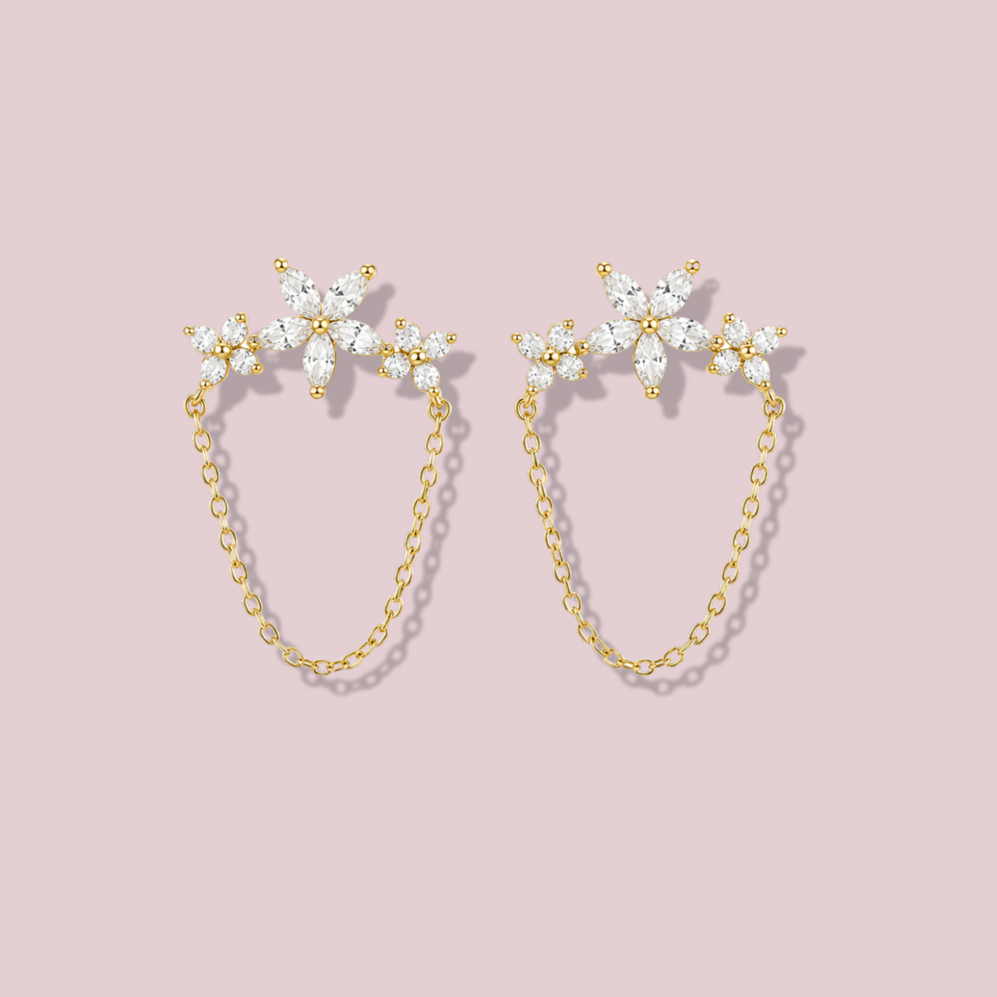 14K Solid Gold CZ Flowers Chain Earrings
