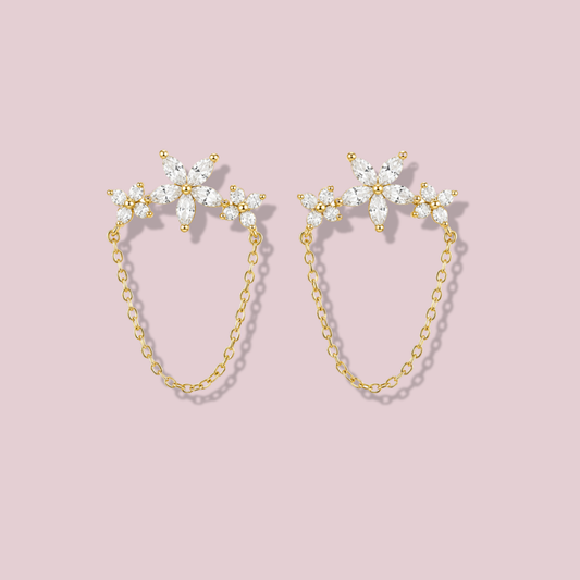 14K Solid Gold CZ Flowers Chain Earrings