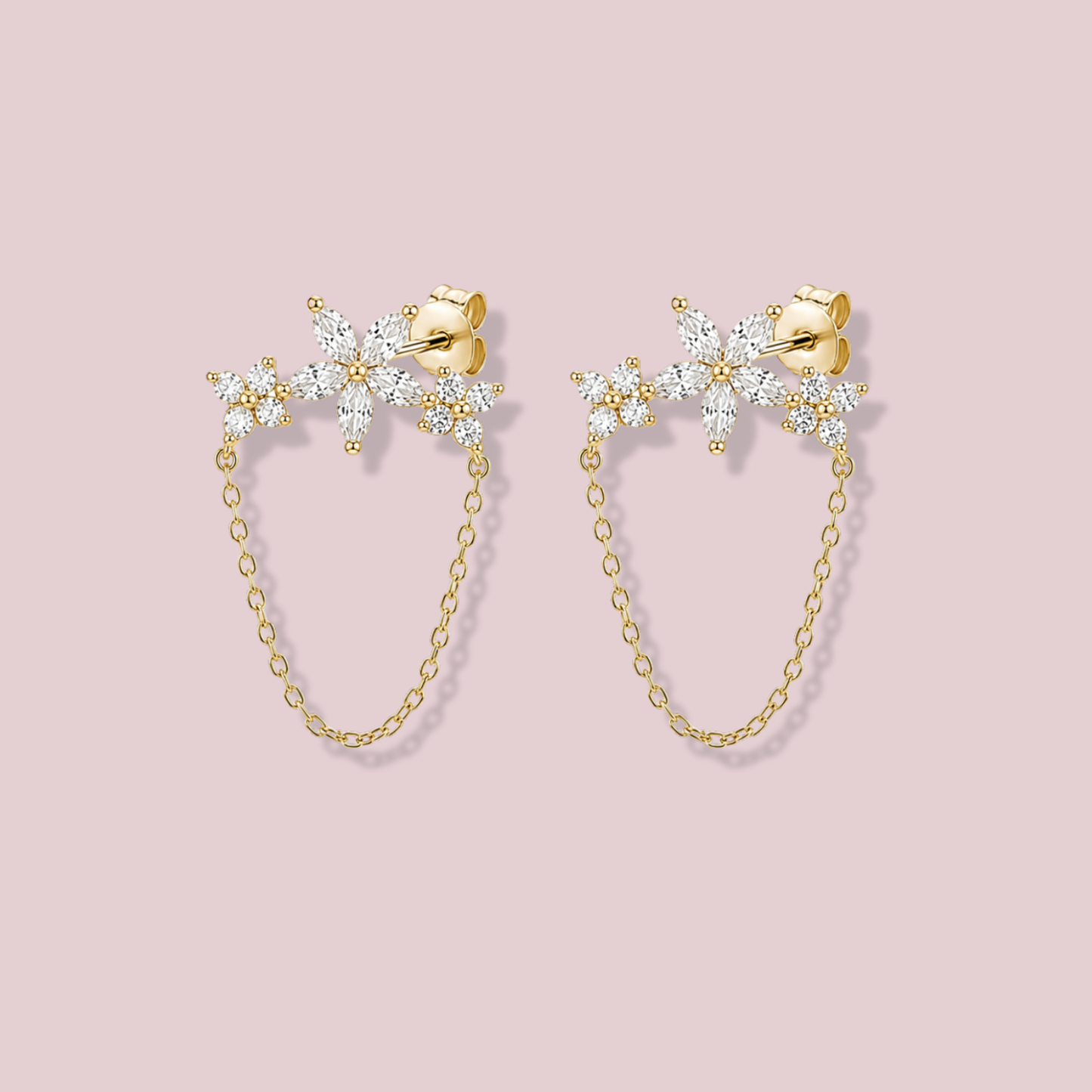 14K Solid Gold CZ Flowers Chain Earrings