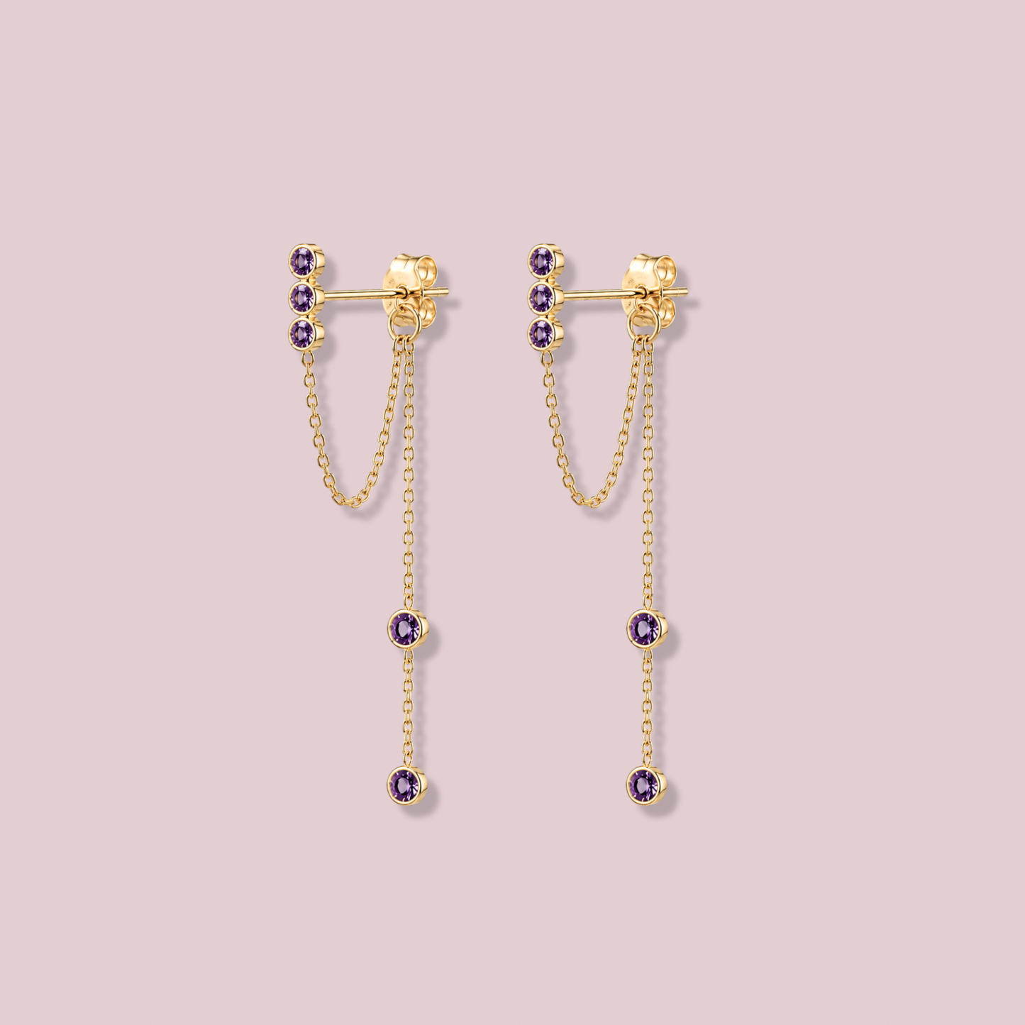 14K Solid Gold Purple Stone Chain Earrings