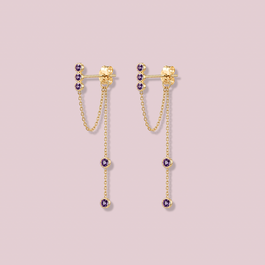 14K Solid Gold Purple Stone Chain Earrings