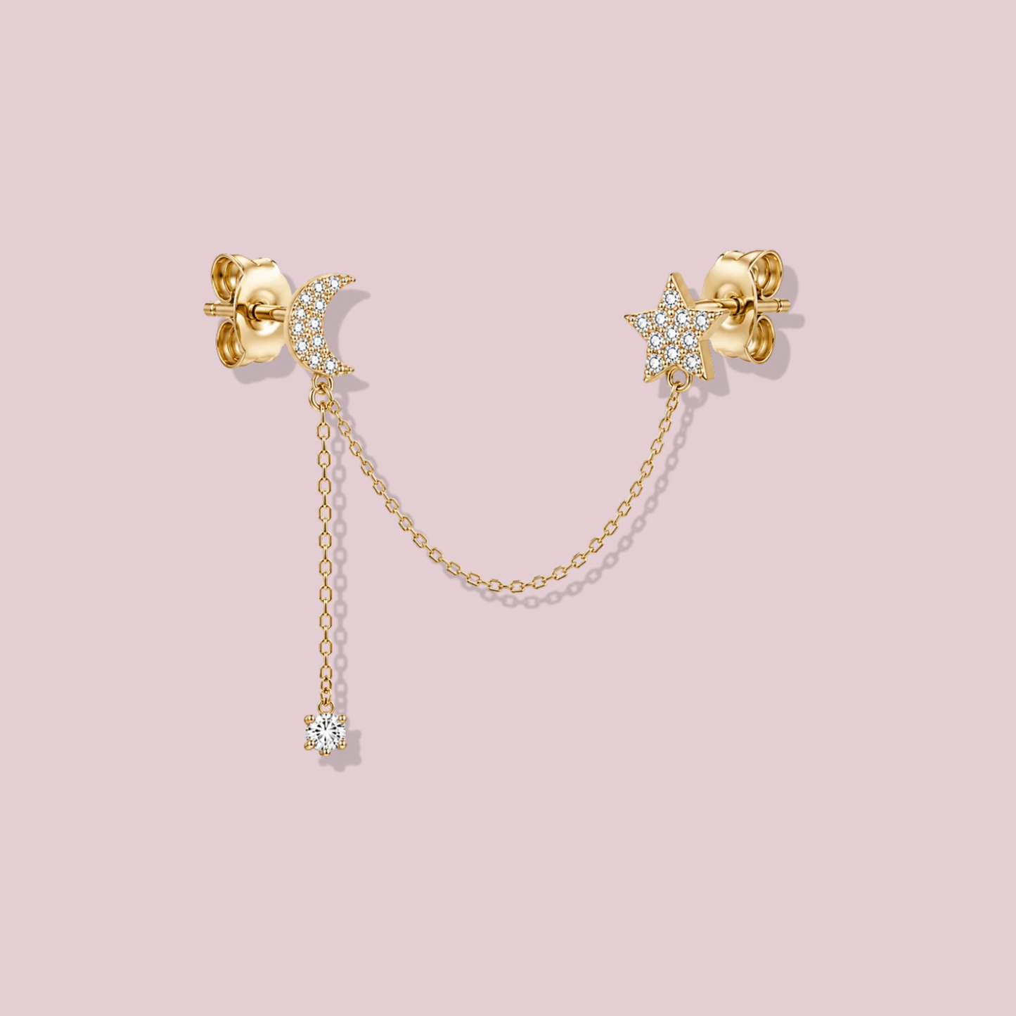 14K Solid Gold Moon and Star Double Chain Earrings