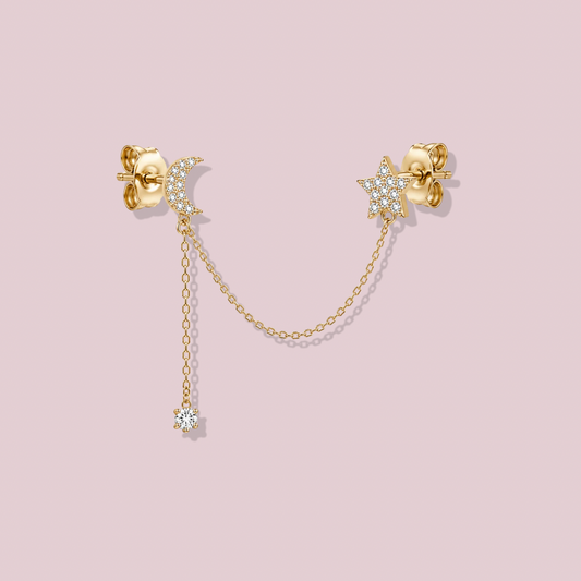 14K Solid Gold Moon and Star Double Chain Earrings