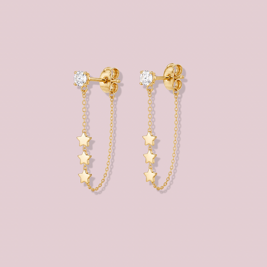 14K Solid Gold Stars Chain Earrings